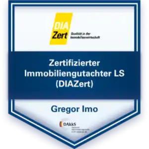 Zertifzierungsabzeichen der DIAZert (DAkkS akkreditiert) als zertifizierter Immobiliengutachter für Immobilienbewertung