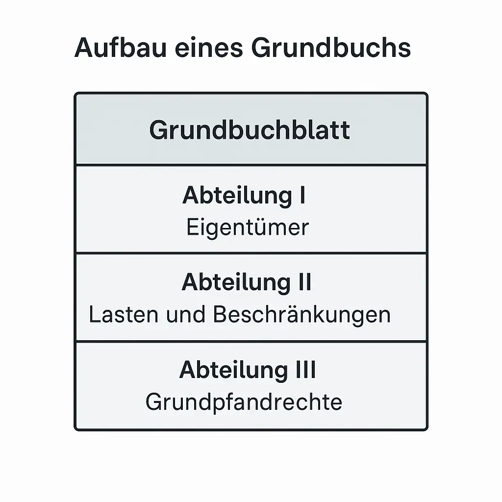 Schematische Darstellung des Grundbuchs mit Abteilungen für Eigentum, Lasten und Grundpfandrechte, anschaulich erklärt für Immobilieninteressierte.