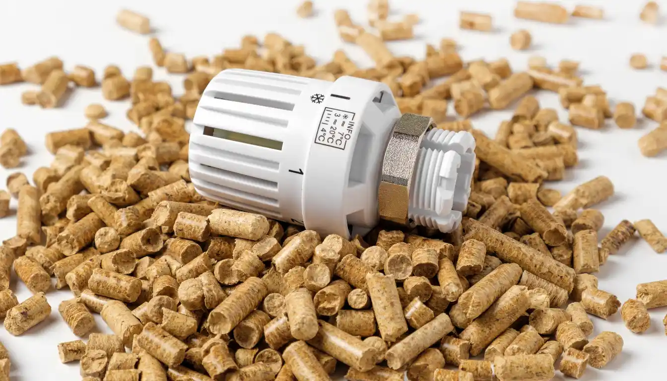 Heizungsthermostat auf Holzpellets als Symbol für moderne Energieträger
