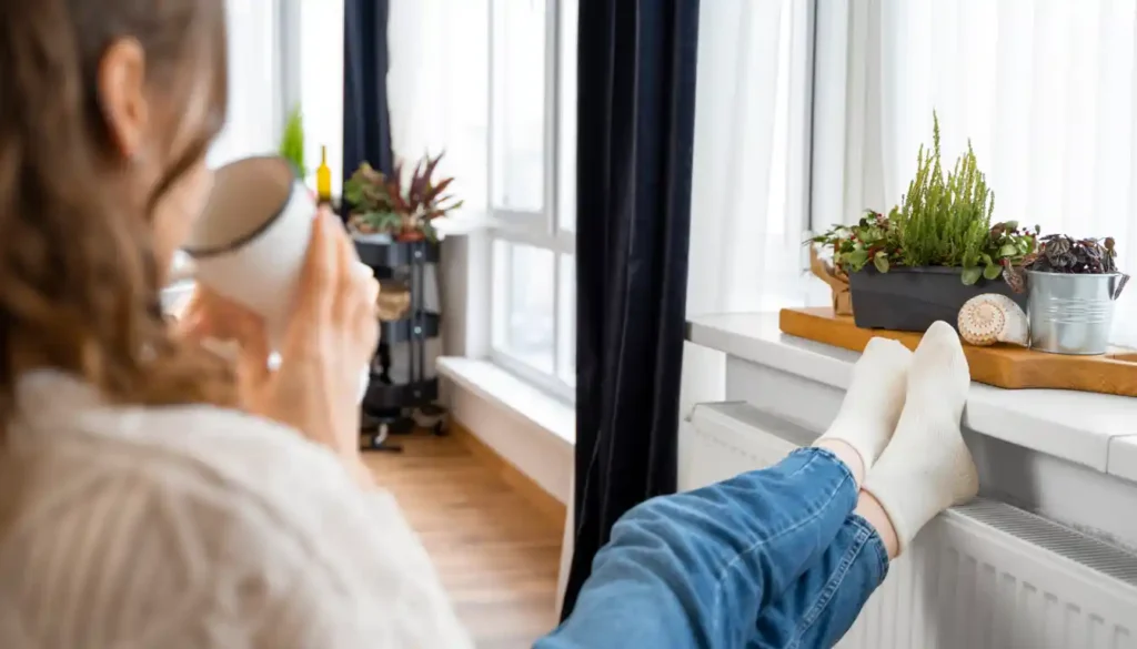 Frau sitzt vor Heizkörper als Symbol für Wohnkomfort und Heiztechnik