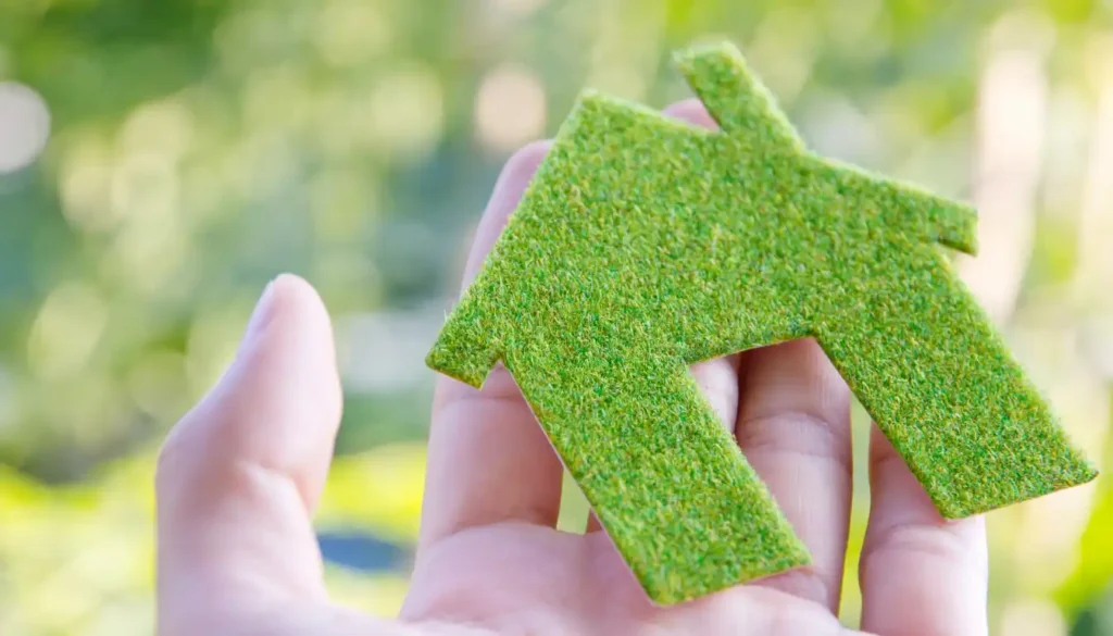 Eine Hand hält ein kleines grünes Stoffhaus als Symbol für nachhaltige Bauweise und Immobilienbewertung