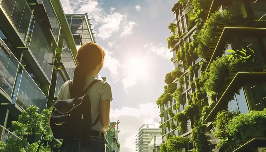 Ein Mädchen geht auf eine begrünte, zukunftsorientierte Stadt zu – Symbol für nachhaltige Stadtentwicklung 4.0