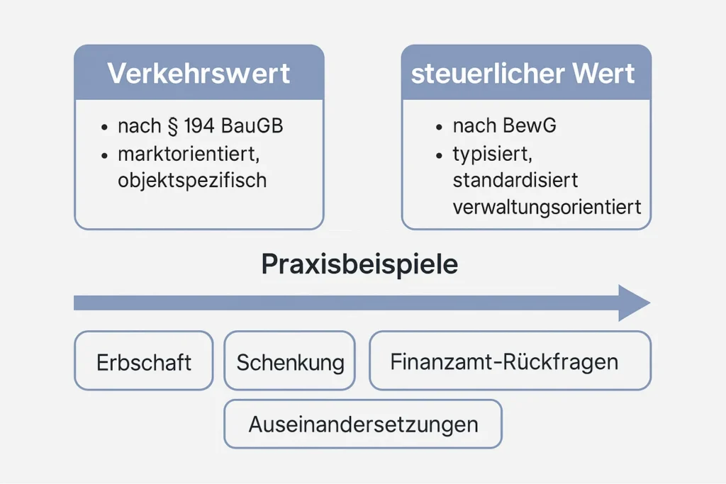 Infografik zum Unterschied zwischen Verkehrswert und steuerlichem Wert bei Immobilien: zeigt Definitionen, Bewertungslogik und typische Anwendungsbeispiele wie Erbschaft, Schenkung oder Rückfragen des Finanzamts.